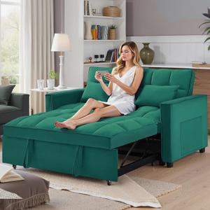 3-in-1 Futon Sofa Bed, Sleeper Loveseat Sofa Cama for Apartment, Convertible Sleeper Sofa with Pull Out Couch, Velvet Couch with Pull Out Bed and Side Storage, Compact Futon with Lumbar Pillows Green
