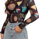 80s 90s Mesh Long Sleeve Shirt Women 90s 80s Themed Party Outfits Retro Sexy Neon Disco See Through Mock Neck Tops (Black, XXL)