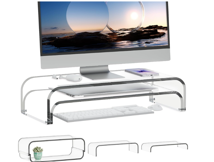 Acrylic Dual Monitor Stand Riser 2 Tier, Modular Laptop Stand for Desk, Multifunctional Desktop Organizer Shelf for PC, iMac, Printer, Detachable Monitor Stand for Office or Home, Clear