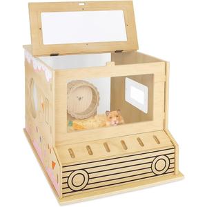 Wooden Hamster Habitat for Dwarf & Roborovski - Starter Enclosure with Acrylic Viewing Panels, Ventilated Top-Opening Design for Desktop Display (Not for Syrian Hamsters)