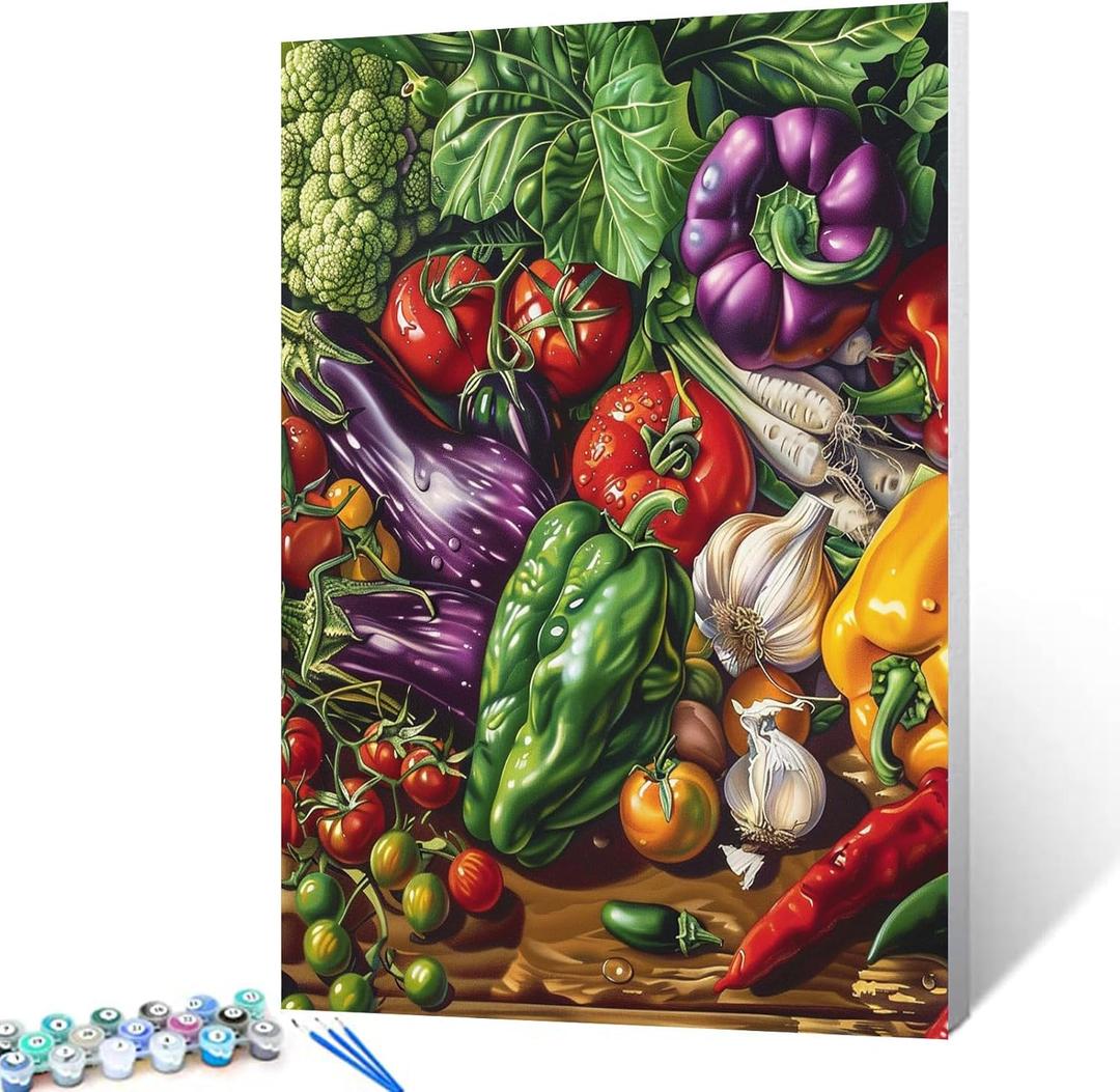 Colorful Vegetable Digital Paint by Numbers Kits 16x20 inch Fruit Tomato DIY Oil Painting for Kids, Adults Beginner Chili Peppers and Condiments Paintwork with Brushes Kitchen Decor Gift(DIY Frame) (Artwork-07)
