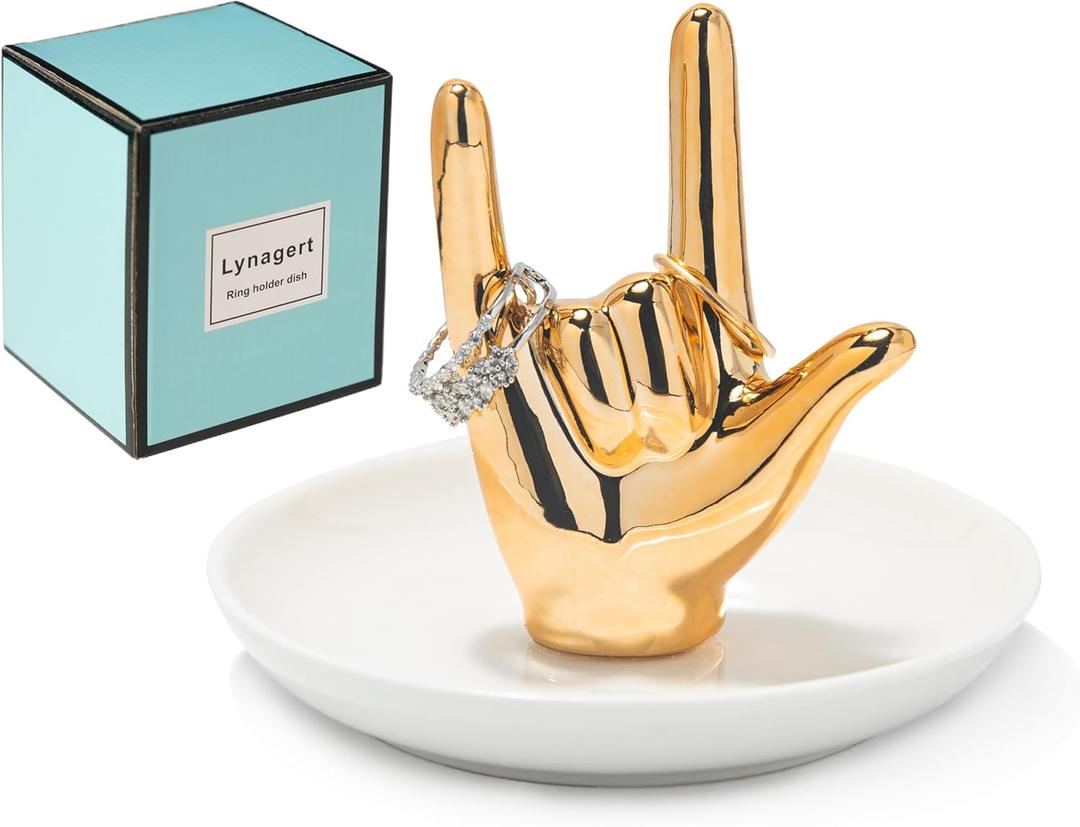 I LOVE YOU Hand Ring Holder Dish Ceramic Jewelry Holder Dish Trinket tray for Rings Earrings Necklace Organizer, Engagement Wedding Ring Holder, Christmas Birthday Gifts (Golden)