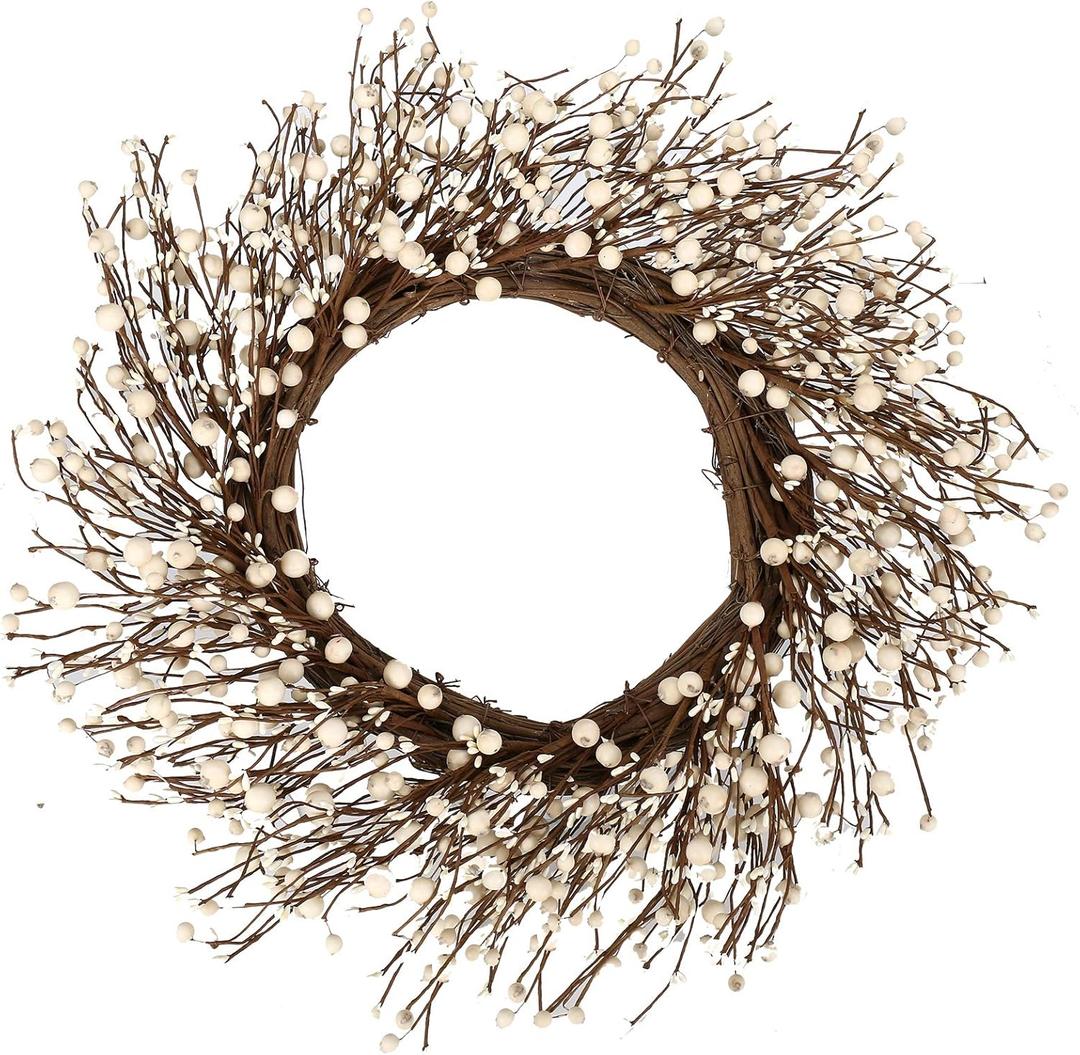JINGHONG White Berry Wreath 22 Inch Winter Wreath Cream Winter Wreaths for Front Door with Round Berry for Porch Wall Winter Holidays Christmas Celebration