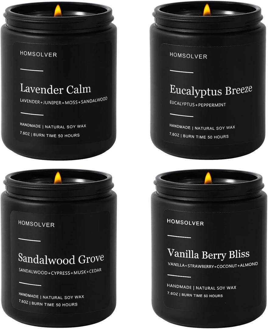 Homsolver Set of 4 Scented Candles for Home Decor, Candle Gifts for Dad Men Him, 200Hours Burn Tine, Vanilla, Lavender, Sandalwood, Eucalyptus Scented with Black Jar