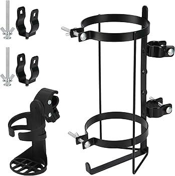 Oxygen Tank Holder for Walker and Rollator Fits D and E Cylinders for 1 inch to 1 1/8 inch 25 to 28.6 mm Tubes ONLY Steel Bracket with Secure Straps and Cup Holder 