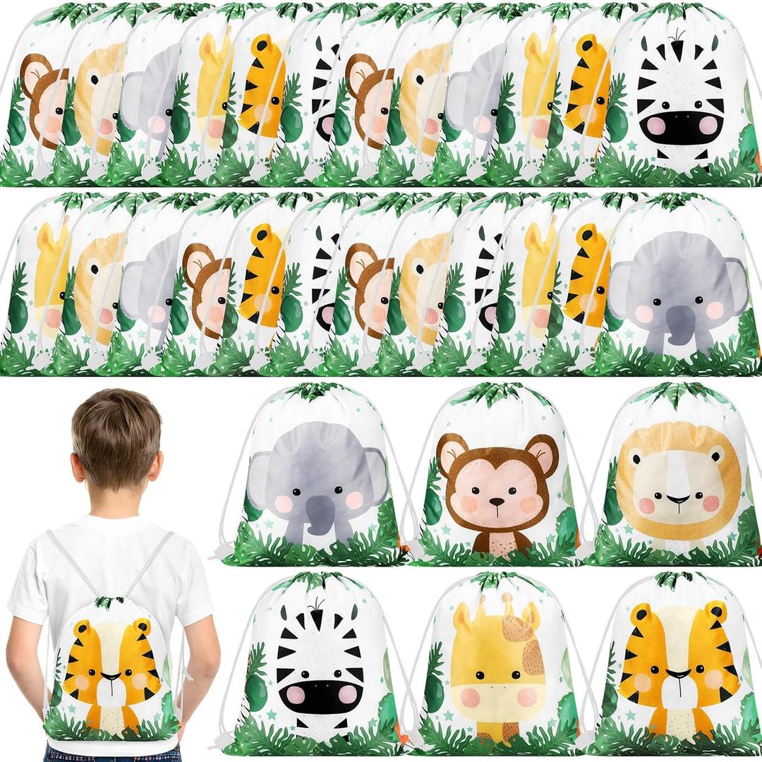 Ferraycle 30 Pack Safari Drawstring Bags Animals Jungle Gift Party Favors Wildlife Goodie Treat Bags for Holiday Birthday Christmas Party Baby Shower, 9.8 x 11.8 Inch