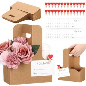 Janlaugh 90 Pcs Kraft Paper Drink Carrier Set, Drink Carrier 2 Cup with Handle, Heart-Shaped Clips and Mini Gift Cards, Foldable Beverage Tray for Valentine's Mother's Day Weddings Parties(Brown)