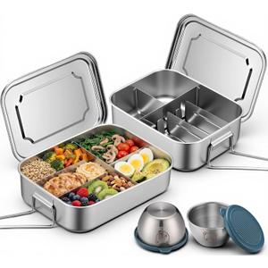 2 Pack Stainless Steel Bento Box 5 Compartment Kit 50oz/1500ml Metal Bento Lunch Box Container with Handle and 2 Pcs 80ml Round Sauce Cups Leak Proof Lockable Clips for Kids or Adults