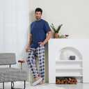 Keyocean Mens Pajama Set, Soft Cotton Short-Sleeve T-Shirt & Long Pants PJ Set for Sleeping (Blue, XL)