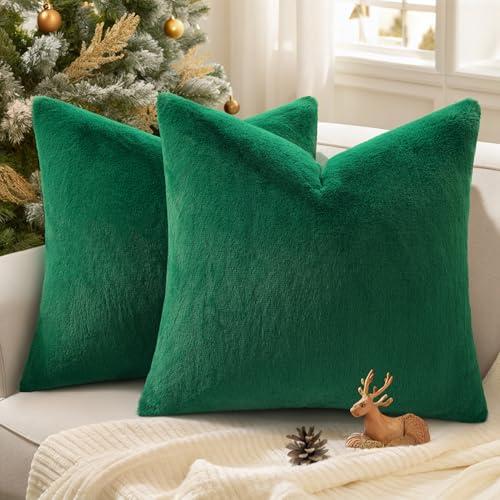 Pallene Faux Fur Plush Christmas Throw Pillow Covers 20x20 Set of 2, Soft Fluffy Couch Pillow Covers for Living Room, Christmas Green