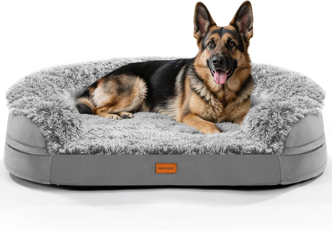 iweepet 3.7 inch Thicken Jumbo Orthopedic Dog Beds for Extra Large Dogs, Fluffy Calming Plush Dog Sofa Bed with Curved Bolster Support, Removable Washable Cover, Waterproof Lining, 48,Grey