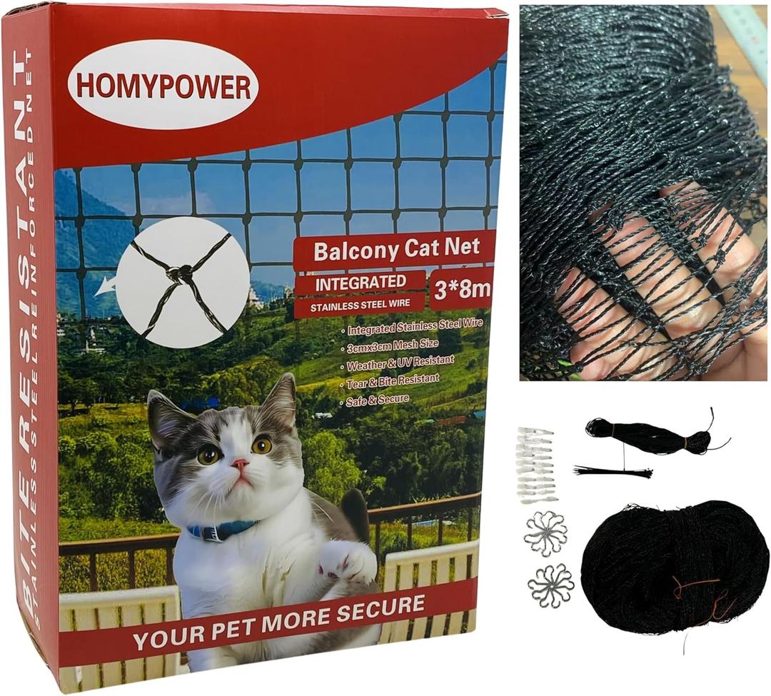 Cat Netting Balcony, Stainless Steel Reinforced Bite Tear UV and Weather-Resistant Anti-Fall Netting for Pets, Safety Net for Cat, Small Catio for Apartment Balcony Protection (10x26 ft)