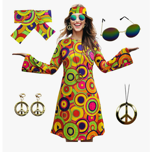 70s Hippie Dress Costumes Necklace Earrings Sunglass Women Disco Outfit, 60s Party Costume, Halloween Retro Dresses, S