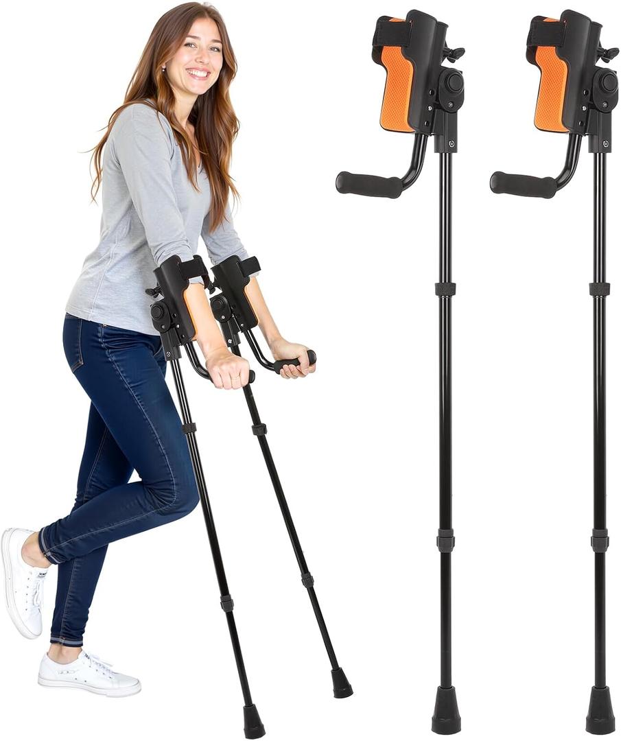 3-Angle Adjustable Forearm Crutches for Adults - Ergonomic Non-Slip Handles with EVA Elbow Support, Foldable Arm Crutches Forearm for Leg Injury, Surgery Recovery, Disabled (1 Pair) (Black+orange)