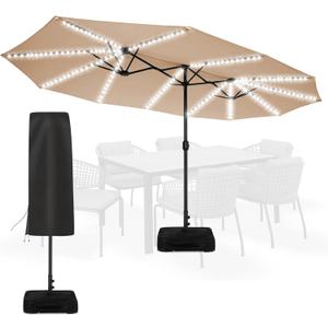 Sundale Outdoor Solar 15 ft 144 LED Olefin 5-Year-Non-Fading Patio Umbrella with Sandbag Base Included and Cover, Outdoor Double-Sided Umbrella (Tan)