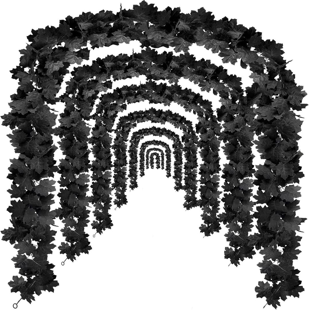 Black Leaf Garland, 8PCS Halloween Artificial Hanging Fall Leave Maple Vines, Fall Floral Garlands Thanksgiving Decor for Home Wedding Party (47.2FT)