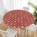 Christmas Round Fitted Tablecloth with Elastic for 40-44 Inch Tables Red Gold Snowflake Block Print Winter Fitted Table Cover Waterproof Holiday Theme Farmhouse Indoor Outdoor Patio Picnic Party