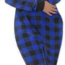 Giggling Getup Women Christmas Pajamas, Buffalo Plaid Pajamas with Hood, Flannel Sherpa Jumpsuit PJ (Blue)
