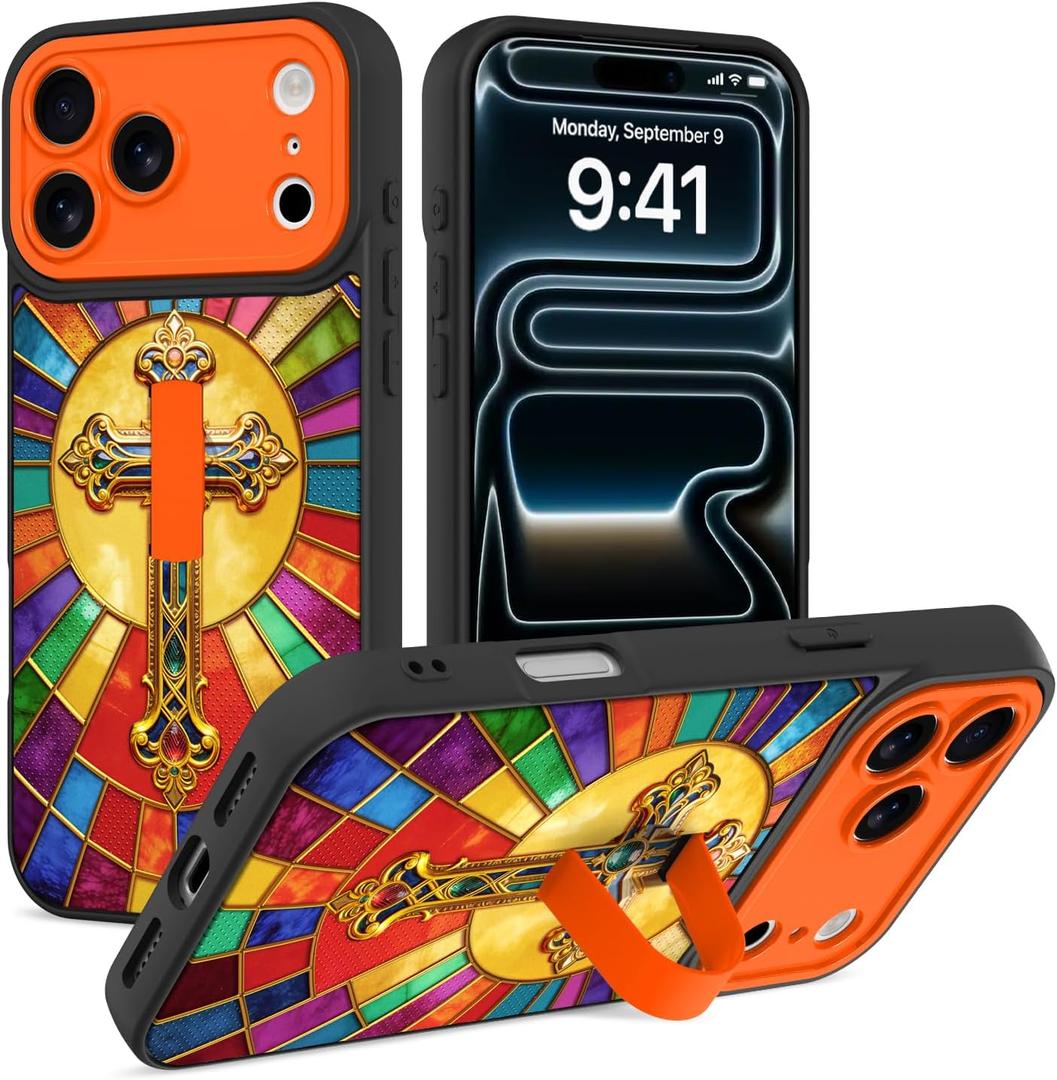 Phone Case for iPhone 17 Pro Max,Orange Cross | Finger Strap StandKickstandAnti-drop, anti-impact, 3D relief printing technology. Suitable for men women
