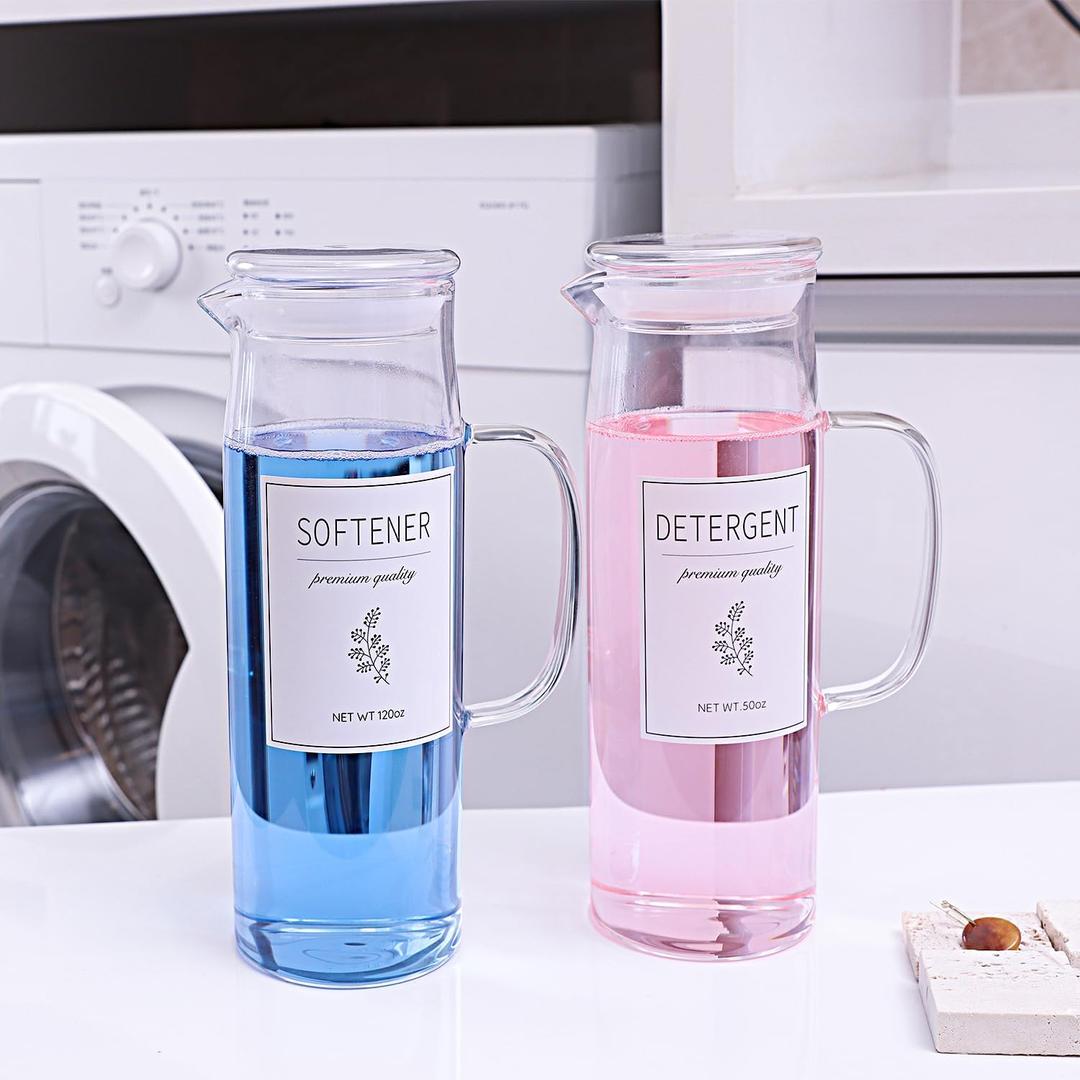 Laundry Detergent Dispenser Set with Labels and Handle for Laundry Room Organization and Storage- Easy Pour 2 Pack 50 oz Liquid Laundry Containers for Laundry Room Decor, Farmhouse Decor (Glass Lid)