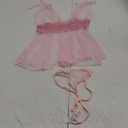OYOANGLE Women's 2 Piece Polka Dots Lace Sheer Mesh V Neck Babydoll Teddy Lingerie Set (Large, Pink)