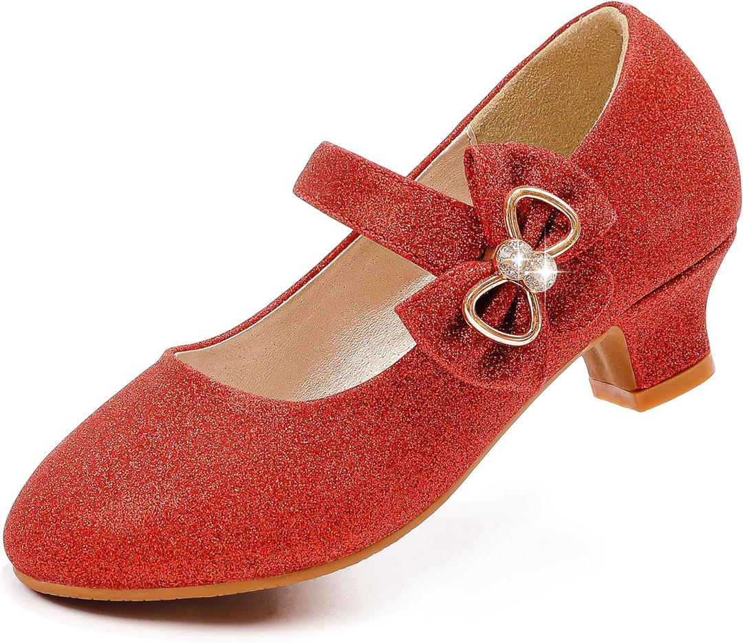 Dufannie Girls Dress Shoes Low Heel Princess Flats Mary Jane Flower Wedding Party Glitter Shoes for Kids Toddler (1 Big Kid, Generous Shimmer Red)