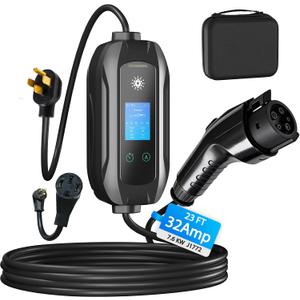 Portable Level 1 & Level 2 EV Charger with J1772 Connector, 23FT Cable, 240V 32A (7.68KW) Electric Car Charger, NEMA 14-50 Plug and NEMA 5-15 Adapter, Home Car Charger for J1772 Electric Car