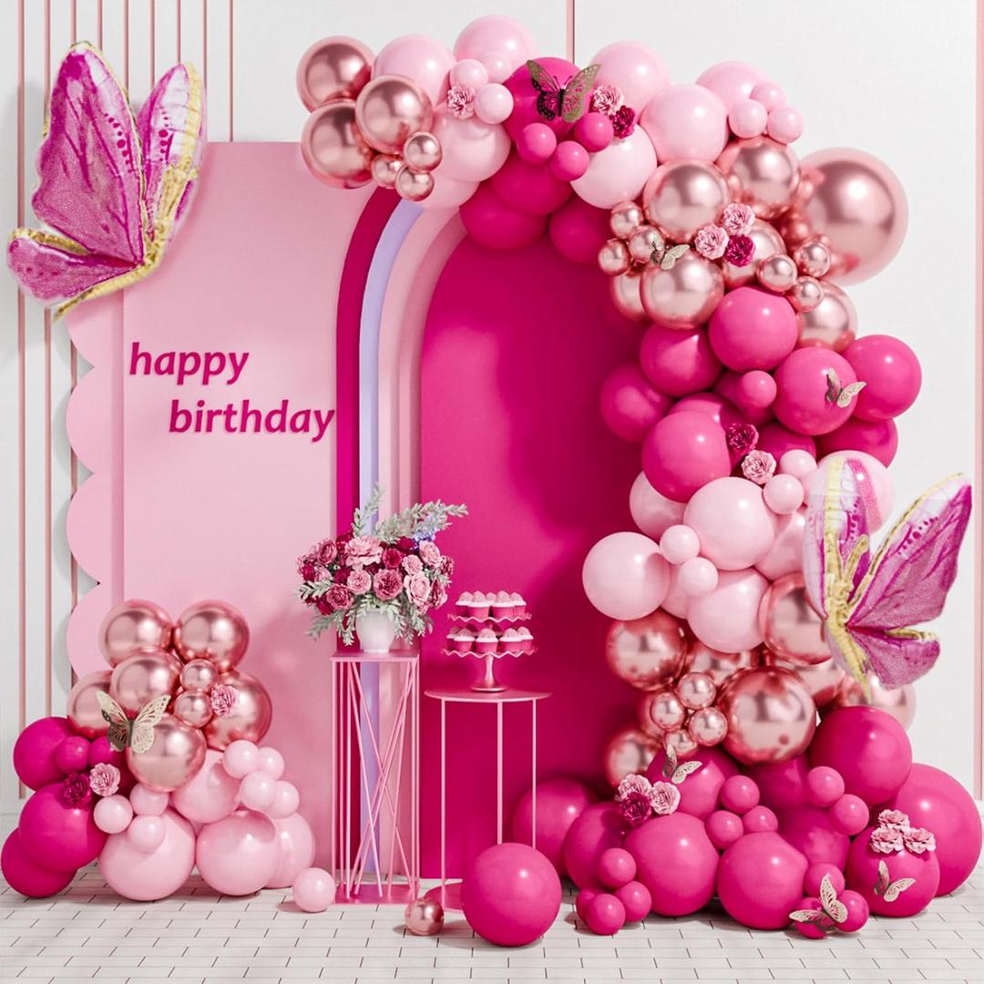 Pink Butterfly Balloon Arch Garland Kit 112pcs Pastel Pink Rose Gold Balloons with 2pcs Butterfly Foil Balloons for Birthday Party Decorations Baby Shower Decorations for Girls