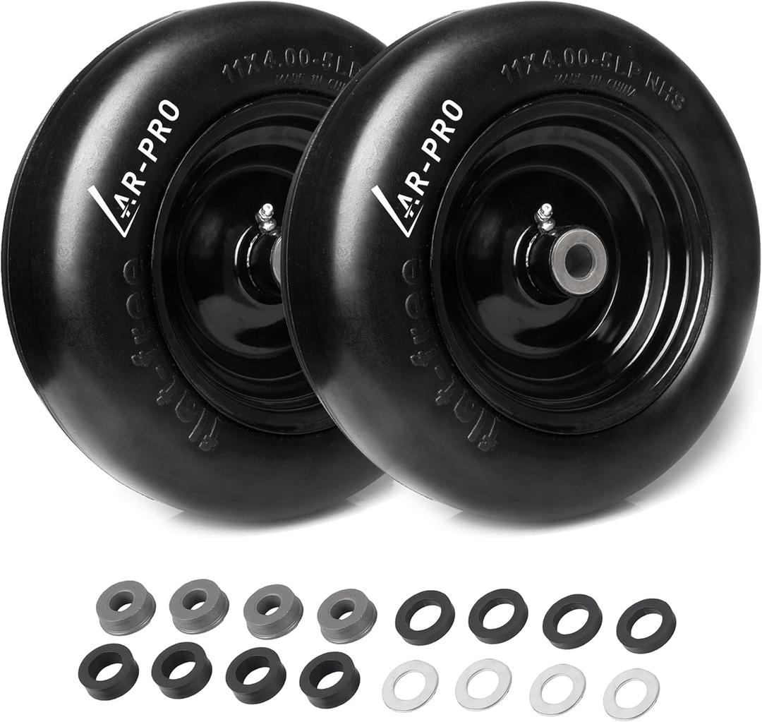 AR-PRO (2-Pack) 11x4.00-5 Flat Free Tire and Wheel, Universal 11x4-5 Solid Smooth Tractor Turf Tire with Rim, 3.4" Centered Hub and 3/4" & 5/8" Bushing, For Zero Turn Mowers and Riding Lawn Mower (Black(Smooth Tread))