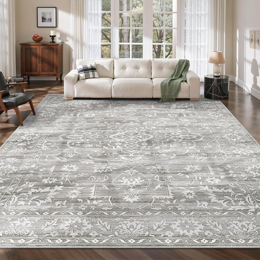 Soalmost 9x12 Washable Area Rugs for Living Room, Vintage Floral Stain Resistant Non-Slip Low Pile Neutral Rug Soft Throw Large Carpet for Dining Room Bedroom Farmhouse Home Office (Grey, 9'x12')