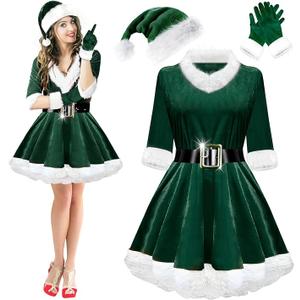 Mrs. Claus Costumes for Women 4PCS Santa Claus Costume Women Velvet Santa Dress Hat for Christmas Party, XXL