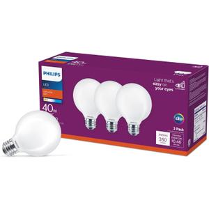 Philips LED Frosted Non-Dimmable Globe G25 Light Bulb - Pack of 3 - EyeComfort Flicker Free - 3.8W = 40W - 350 Lumen - Soft White (2700K) - E26 Medium Base - Indoor - Title 20