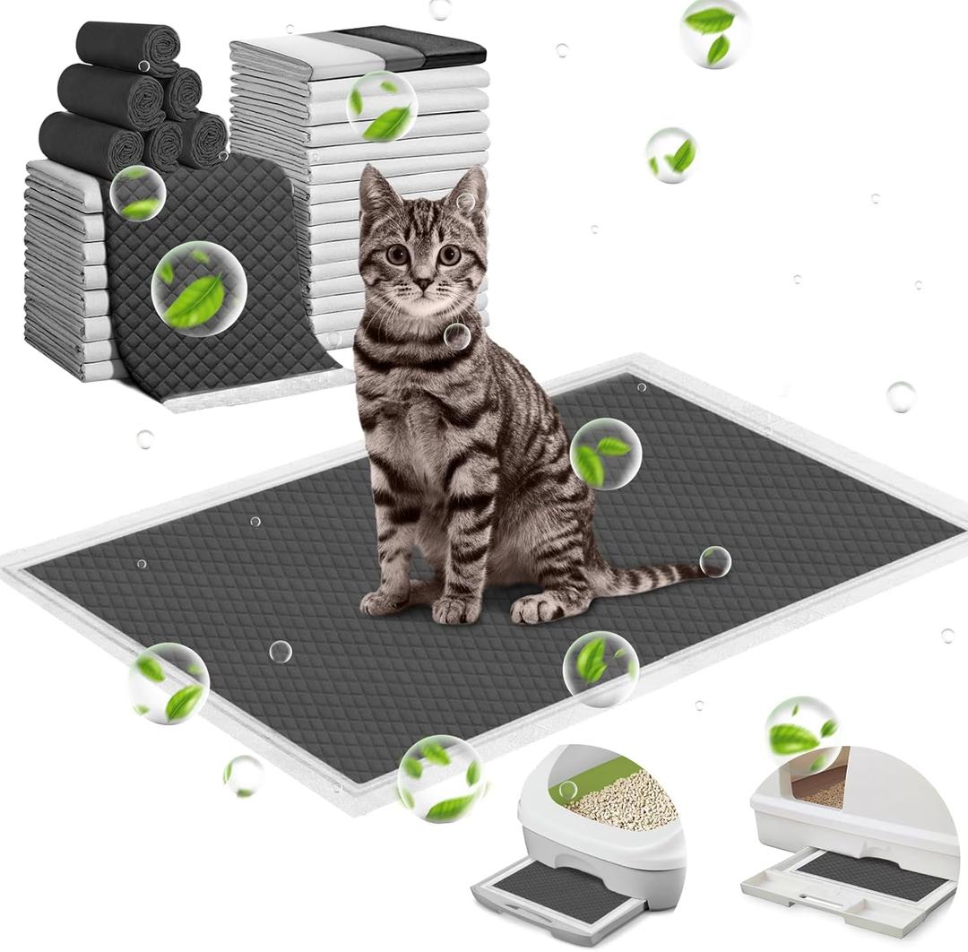 ELEGX 100 Pcs Charcoal Cat Pee Pads Refills 16.9"x11.4" for Tidy Cat Breeze Litter System, Odor-Control Super Absorbency,Leak-Proof,Quick-Dry