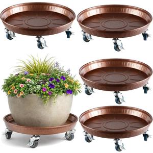 Planterhoma 4 Packs 16 Inch Metal Plant Caddy with Wheels Extra-Large Rolling Plant Stand Heavy-Duty Iron Plant Dolly Casters for Indoor Outdoor Flower Pot Mover Roller Coasters, Copper