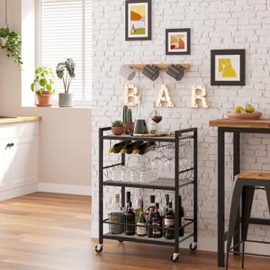 TUTOTAK Bar Cart - Serving Cart for Home - Microwave Cart, Drink Cart, Mobile Kitchen Shelf with Wine Rack and Glass Holder, Rolling Beverage
