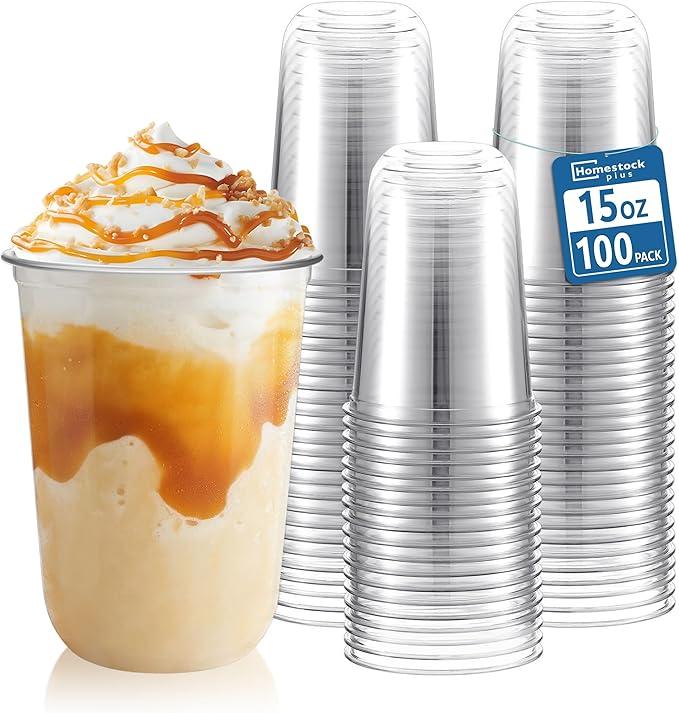 Homestockplus 15 oz Clear PET Plastic Cups 100 Pack  UShaped Disposable OpenTop Plastic Cups, Crystal Clear Ice Coffee Cups To Go for Iced Coffee, Smoothies, Bubble Tea & Outdoor Gatherings