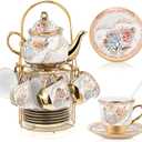 Zhehao 20 Pcs Porcelain Tea Set with Metal Holder and Spoon Adult Ceramic Tea Party Set European Flower Painting Teapot Cup Saucer Spoon Set for Women, Large Version(Minimalist Style)