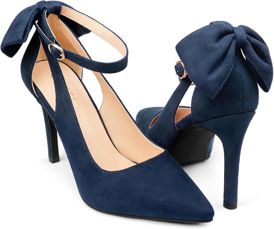 COLETER Womens Bow Knot High Heels Pointed Toe Stiletto Ankle Strap D'Orsay Pumps Bow Evening Dress Shoes (9, Navy Blue)