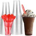 Baderke 50 Set Plastic Parfait Cups with Red Classic Dessert Spoons Root Beer Float Cups Disposable Clear Milkshake Glasses Christmas Crystal Sundae Mugs for Yogurt Ice Cream Soda Party Drinks