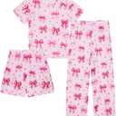 Funnycokid Girls Pajamas 3 Piece Short Sleeve Shirt Top Pants Shorts with Pockets 7-14 Years (Pink)