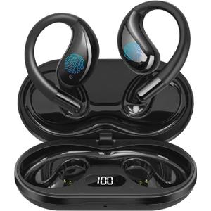 Open Ear Clip Wireless Earbuds Bone Conduction Headphones, Bluetooth 5.4, Open Ear Design for Running Fitness,OfficeBuilt-in Mic, IPX7 Waterproof, LED Display Charging Case,Ear Hooks Ear Buds