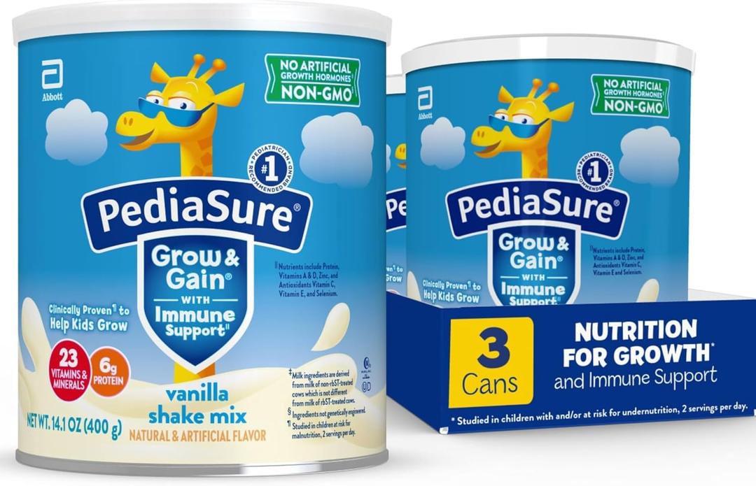 PediaSure Grow & Gain with Immune Support Shake Mix Powder, 23 Vitamins & Minerals, 6g Protein, Non-GMO, Gluten-Free, Vanilla, 14.1 oz Can, Pack of 3-24 servings, BBD: 1 JUN 2027