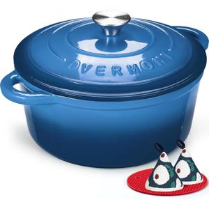 Overmont Enameled Cast Iron Dutch Oven - 7QT Pot with Lid Cookbook & Cotton Potholders - Heavy-Duty Cookware for Braising, Stews, Roasting, Bread Baking Blue