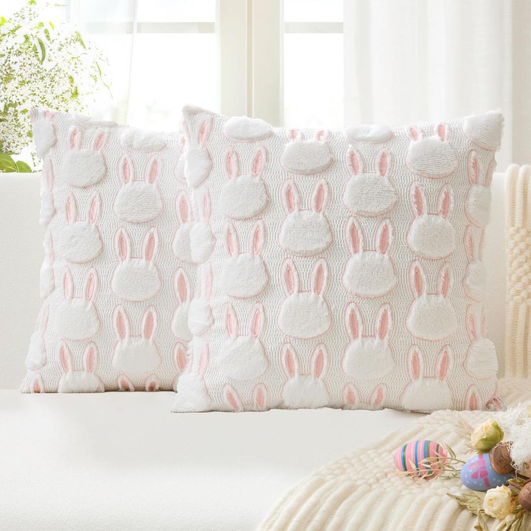 Kevin Textile Easter Pillow Covers 18 x 18 Inch Set of 2 Luxury Soft Bunny Rabbit Pattern Embroidery Decorative Throw Pillowcases for Spring Happy Easter Couch Sofa Living Room, Cream White