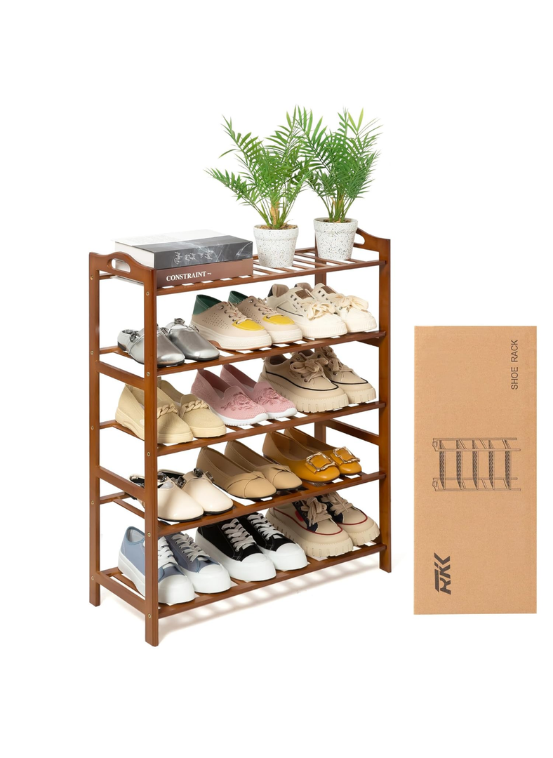 Shoe Rack for Front Foor Entrance, Bamboo Shoe Rack for Closet Shoe Organizer Closet Organizers and Storage Shelves (Brown, 5 Tier)