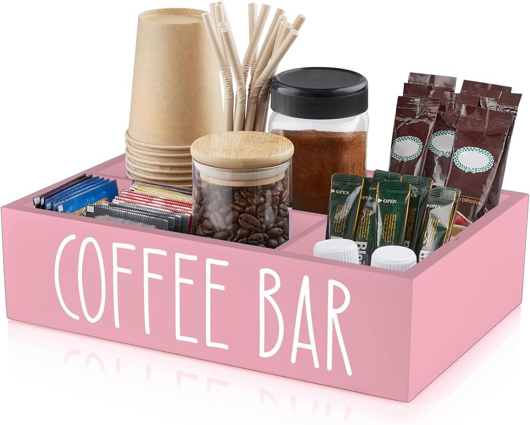 ALELION Coffee Station Organizer - Wood Countertop Accessories Organizer with Removable Dividers for Pods Condiment Syrup Tea Cups Stirrers - Pink Decor for Kitchen Coffee Bar
