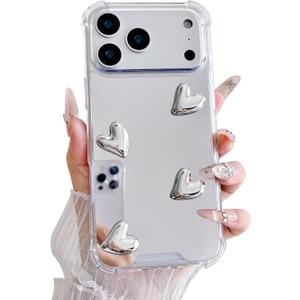 Compatible with iPhone 17 Pro case,Mirror Senior Silver Cute Heart Soft Silicone Clear Makeup Mirror Women Girls Shockproof Protect Cover Case for iPhone 17 Pro