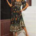 Women's Long Maxi Dress Sexy Off Shoulder Floral Dress Ruffle Short Sleeve Smocked Flowy A Line Boho Dress (Black, XL)