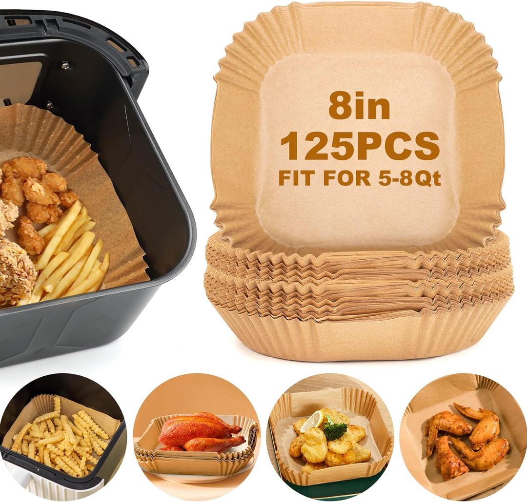 Air Fryer Paper Liners, 125Pcs Parchment Paper, Air Fryer Liners Disposable for Microwave, Non-Stick Air Fryer Liner Square Free of Bleach (8IN) (8"Square)