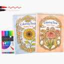 LOTWOW Adult Coloring Book Set of 2, 60 Nature & Healing Words Patterns | 24 Colors Non-Toxic Dual-Tip Brush Markers, Funny Stress Relief, Perfect Cancer Care, Get Well, Birthday Gifts for Women